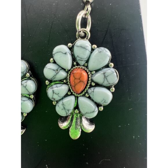 Handmade Earrings Silver Dangle Blue Turquoise Boho Coral Stone Middle Flower - Picture 3 of 4